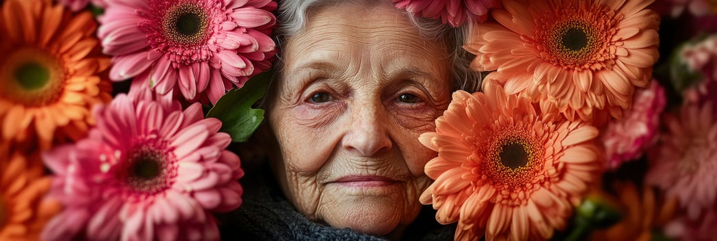 An elderly woman surrounded by flowers photo