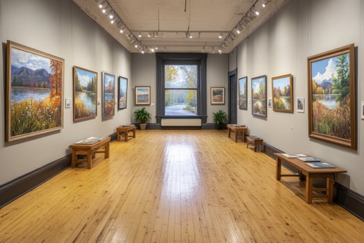 Tranquil art gallery showcasing scenic landscapes photo