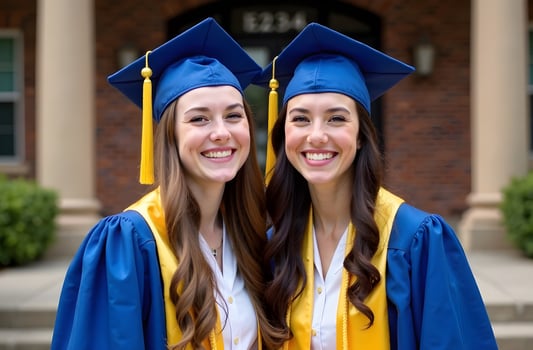 Graduates smiling in blue caps and gowns photo