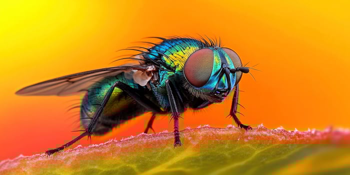 A fly with green eyes and blue wings sitting on a leaf photo