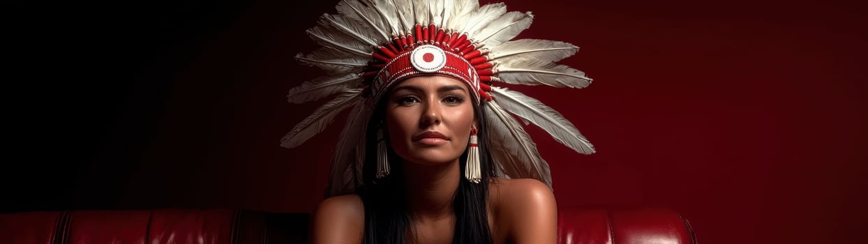 A woman wearing a native american headdress. photo