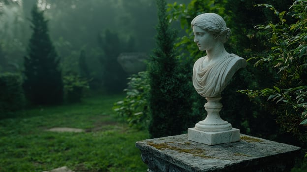 Marble bust in a misty garden photo