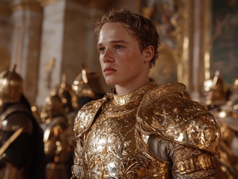 Young man in golden armor surrounded by soldiers photo