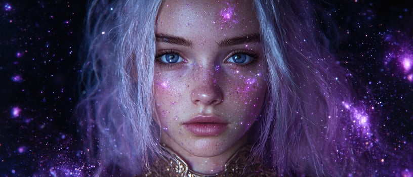 Fantasy portrait of a young woman with galaxy freckles and lilac hair photo