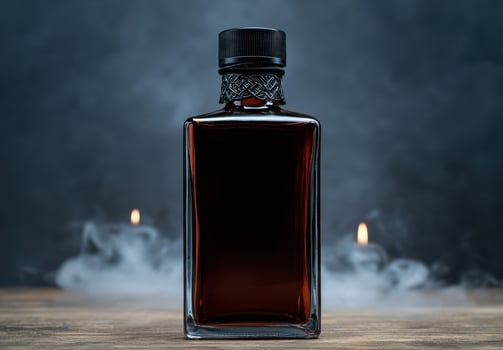 A bottle of dark liquor on a wooden surface with a smoky background photo