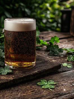 A mug of beer with foam on a wooden table with shamrocks for St Patricks Day photo