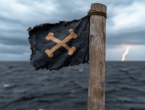 A tattered pirate flag flies on a stormy sea photo