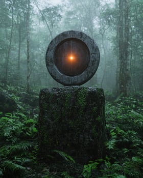 Mysterious stone circle with glowing center in a misty forest photo