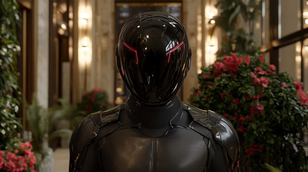 Futuristic character with a sleek, dark helmet standing in a modern building photo