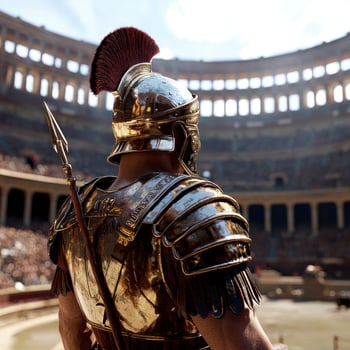 A Roman legionary stands in a coliseum ready for battle photo