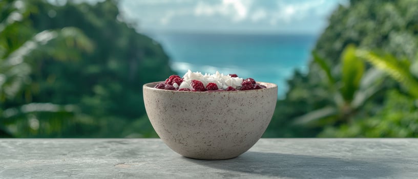 A bowl of fruit is topped with raspberries and coconut flakes with a tropical background photo
