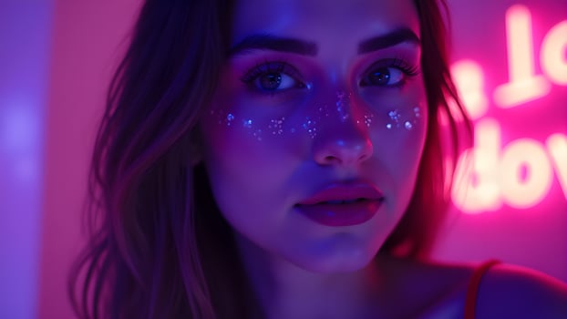 Woman face with glitter under neon pink light glow photo