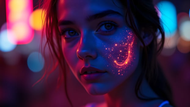 A portrait of a woman with neon lights on her face photo