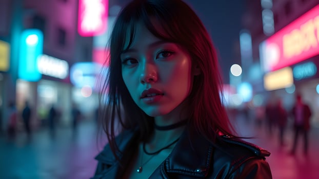 Woman in leather jacket with neon lights in background photo
