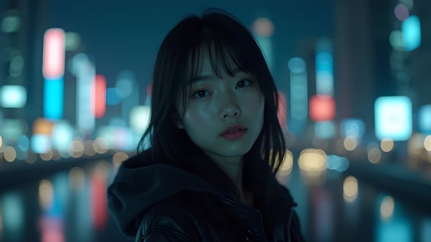 Woman standing in a city at night with blurred lights photo