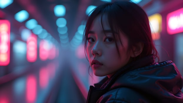 Neon Reflections A woman in a vibrant tunnel light photo
