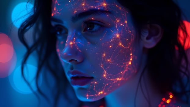Woman's face with glowing futuristic light patterns photo