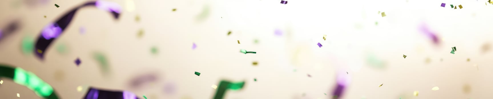 Colorful confetti on light cream background with green and purple tones for festive celebration design photo
