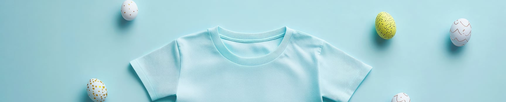 Light blue T shirt mock up on pastel background with decorative Easter eggs for design and branding photo