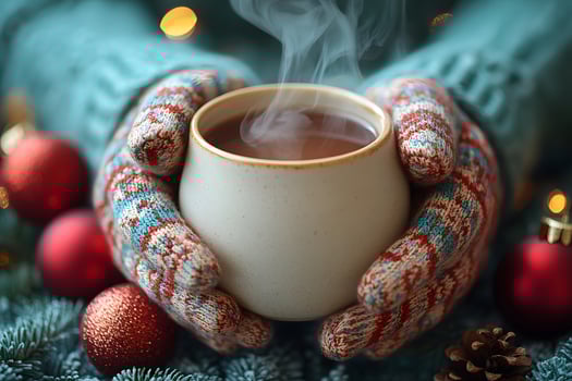 Cozy Winter Warmth with Steaming Mug and Festive Holiday Decor for Seasonal Greetings photo