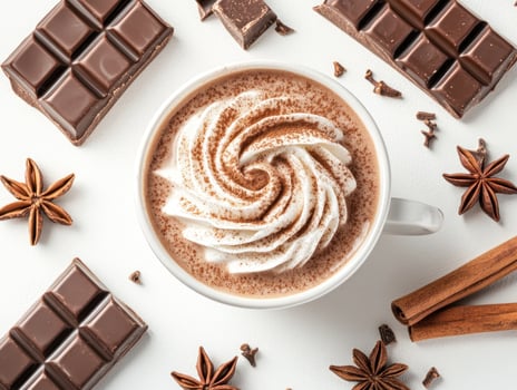 Whimsical chocolate flat lay with hot cocoa and spices for cozy inspiration photo