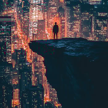 A man standing on top of a cliff overlooking a city at night photo