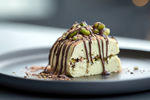 A slice of pistachio halva showcases its soft and crumbly texture, topped with a glossy dark chocolate drizzle. The elegant black plate enhances its visual appeal against a softly blurred backdrop photo