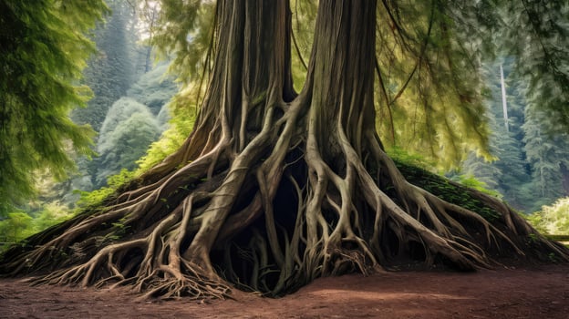 towering tree with big roots photo