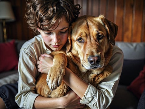 A young boy is hugging a dog photo