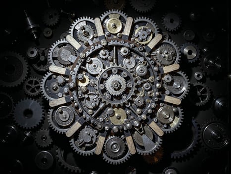 A clock with gears and cogs on a black background photo