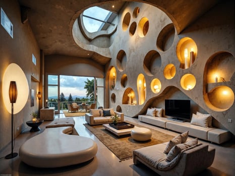 A living room with circular shaped walls and lots of furniture photo