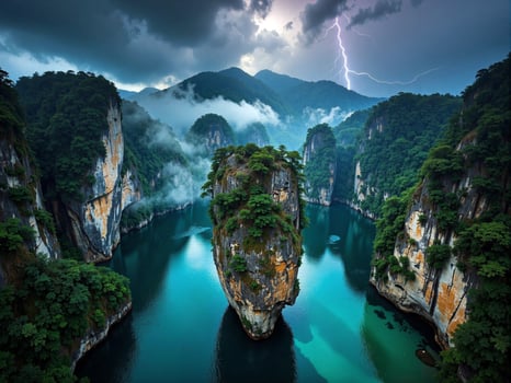 Two rock formations in the middle of a lake photo