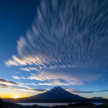 A beautiful sunset over a mountain with clouds photo