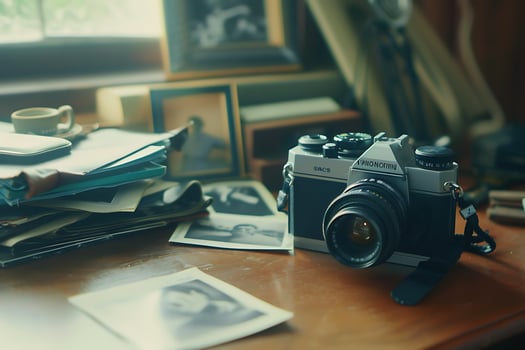 A camera sitting on a desk photo