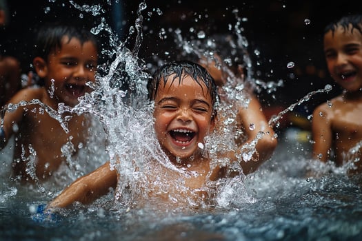 Happy Latin American children bathe and splash each other with clean water. Children at Songkran festival photo