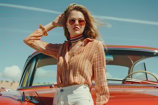 A woman in sunglasses and a striped shirt is standing next to an old car photo