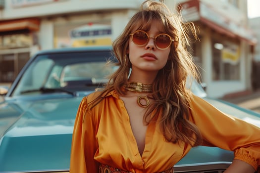 A woman in a yellow dress and sunglasses sitting in front of a car photo