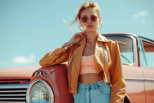 A woman in sunglasses and a leather jacket standing next to an old car photo