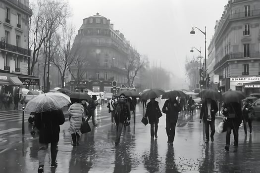 A group of people walking in the rain with umbrellas photo