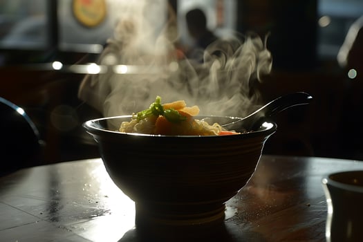 A bowl of soup on a table photo