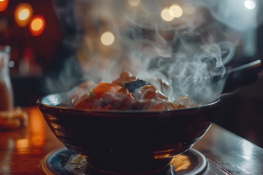 A bowl of food with smoke coming out of it photo
