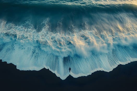 Solitude by the Shore Aerial View of Ocean Waves on a Black Sand Beach photo
