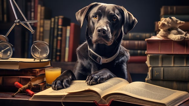 lbrdor dog reading a book photo