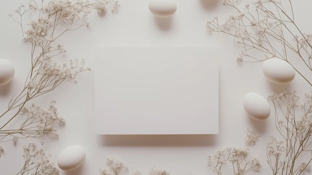 Easter-themed blank white card mockup surrounded by small Easter eggs and delicate flowers. 13 photo