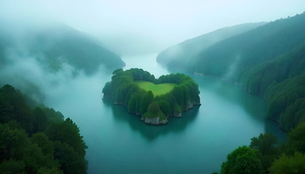 a heart shaped island surrounded by green trees photo