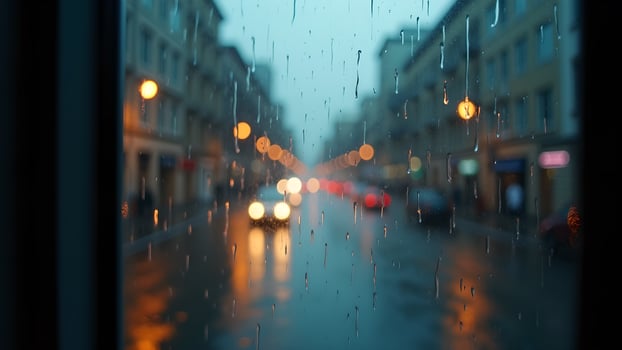 Rainy City View Through Window at Night photo