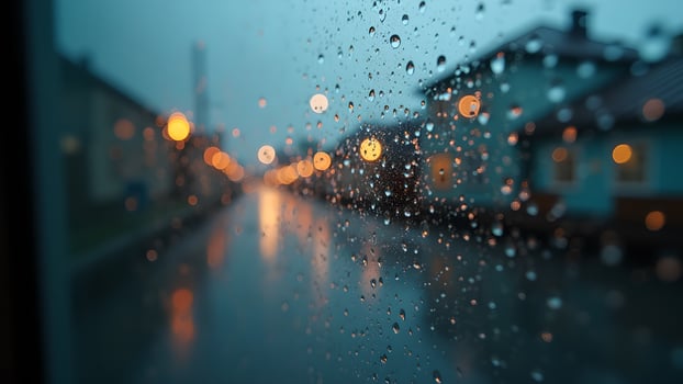 Rainy City Lights Through a Window at Night photo