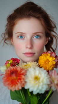 A woman with blue eyes holding a bunch of flowers photo