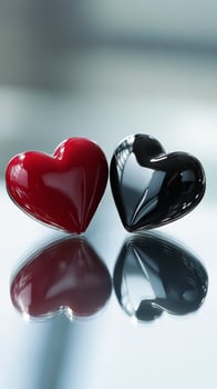 Two black and red hearts on a shiny surface photo