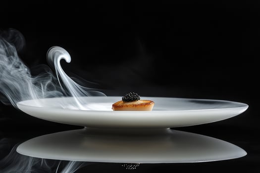 Gourmet dish featuring a seared scallop on yuzu gel with black caviar and yuzu air elegantly presented in fine dining style photo